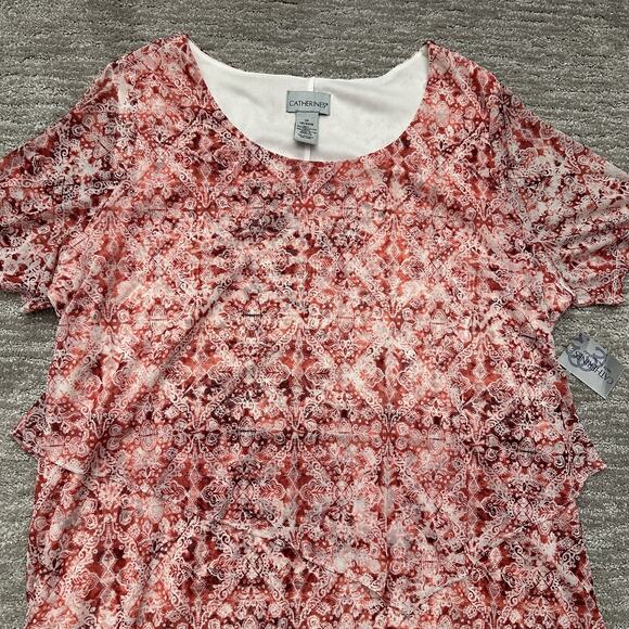 Catherines Dress Womens 1X Red White Tiered Sheer Short Sleeve Floral Print NWT - Picture 2 of 11